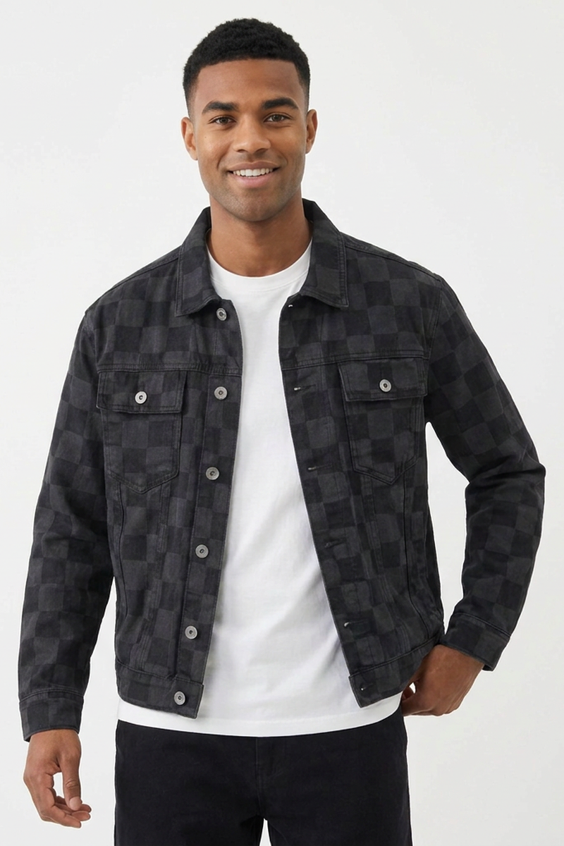 Men's Black Checkered Button-Front Loungewear Denim Jacket