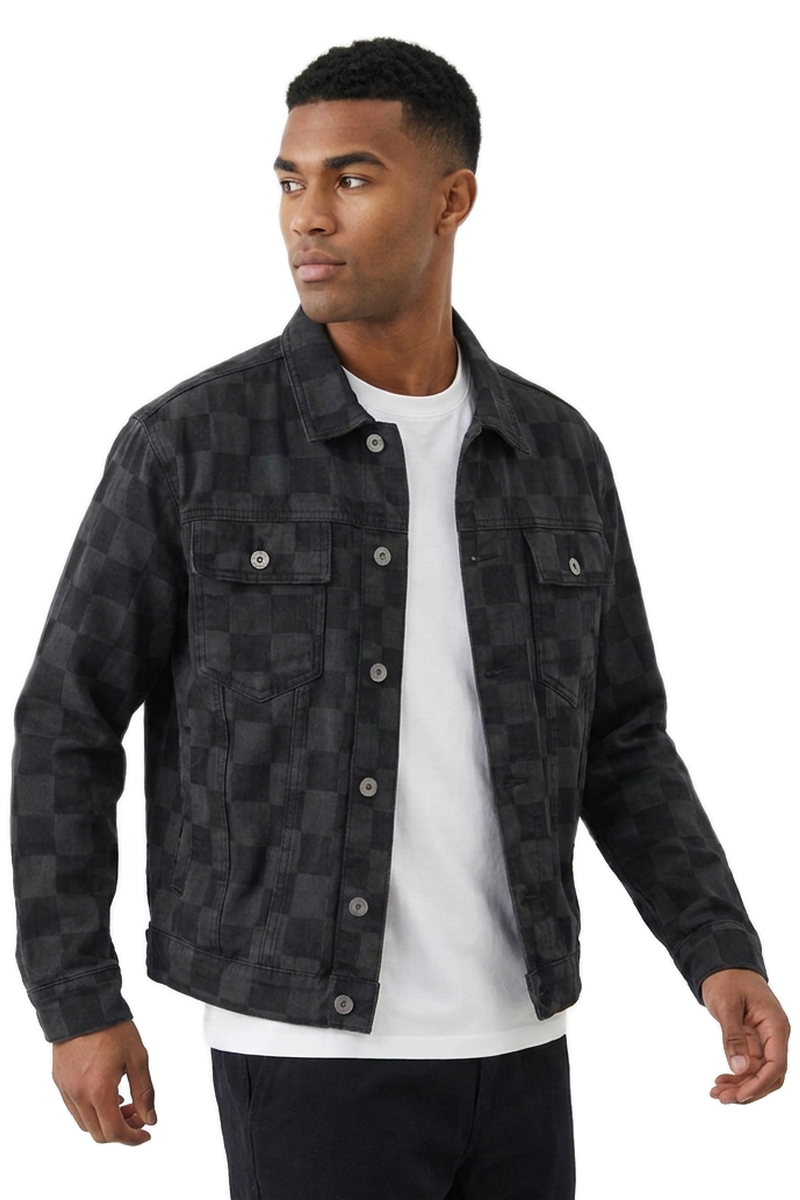 Men's Black Checkered Button-Front Loungewear Denim Jacket