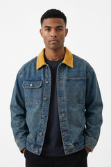 Men's Retro Contrast Collar Asymmetric Pocket Denim Jacket