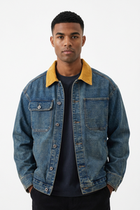 Men's Retro Contrast Collar Asymmetric Pocket Denim Jacket