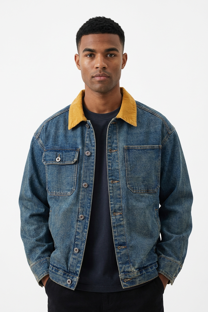 Men's Retro Contrast Collar Asymmetric Pocket Denim Jacket