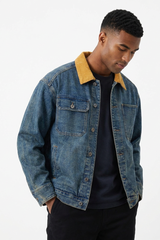 Men's Retro Contrast Collar Asymmetric Pocket Denim Jacket