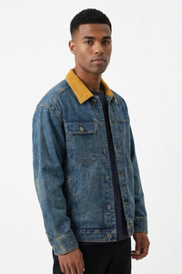 Men's Retro Contrast Collar Asymmetric Pocket Denim Jacket