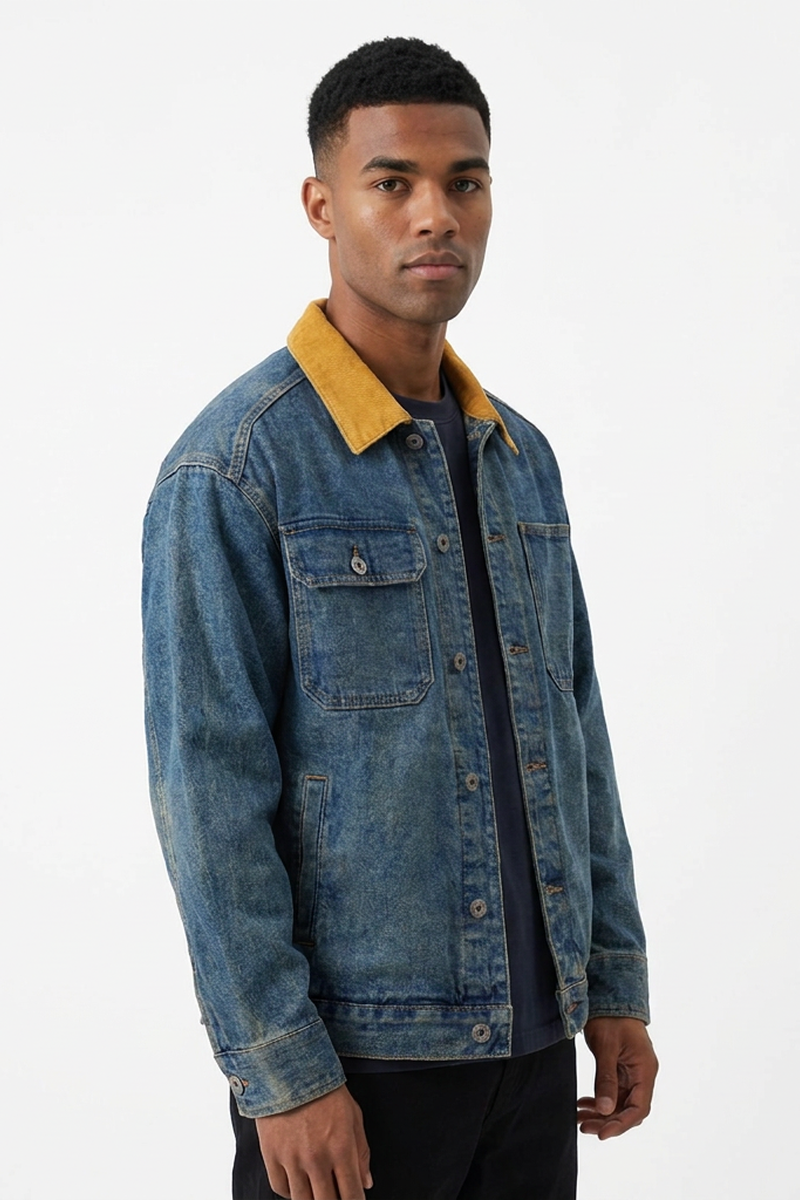 Men's Retro Contrast Collar Asymmetric Pocket Denim Jacket