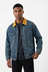 Men's Retro Contrast Collar Asymmetric Pocket Denim Jacket
