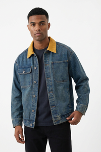 Men's Retro Contrast Collar Asymmetric Pocket Denim Jacket
