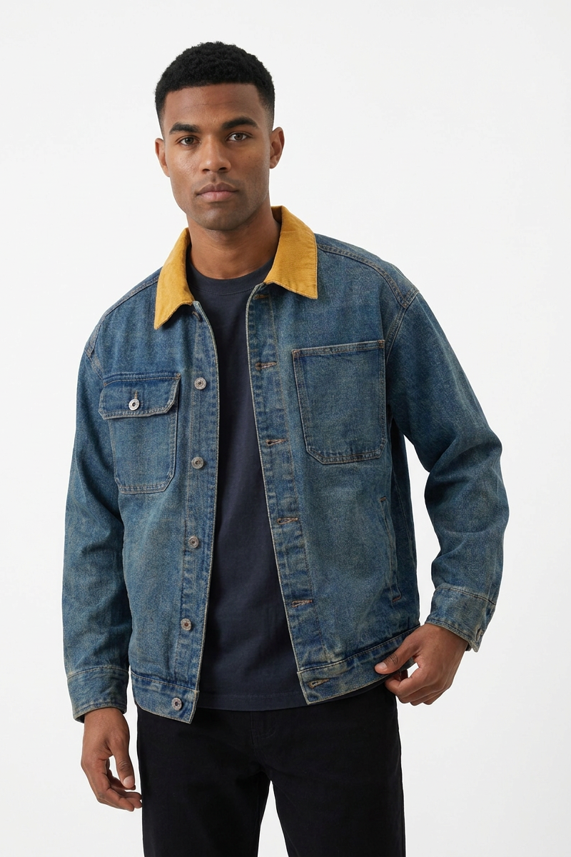Men's Retro Contrast Collar Asymmetric Pocket Denim Jacket