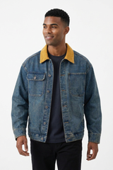 Men's Retro Contrast Collar Asymmetric Pocket Denim Jacket