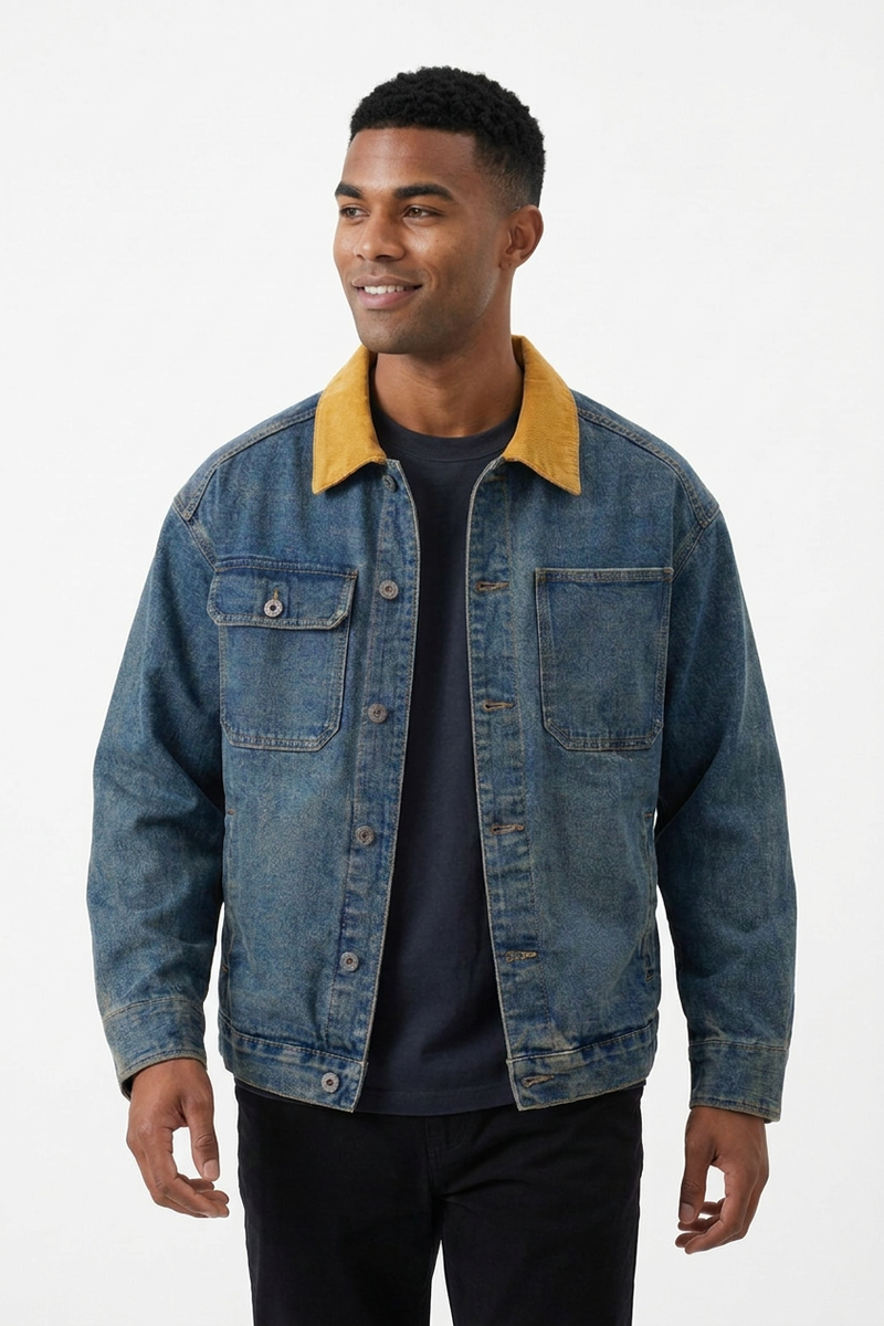 Men's Retro Contrast Collar Asymmetric Pocket Denim Jacket