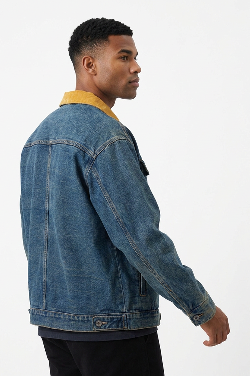 Men's Retro Contrast Collar Asymmetric Pocket Denim Jacket