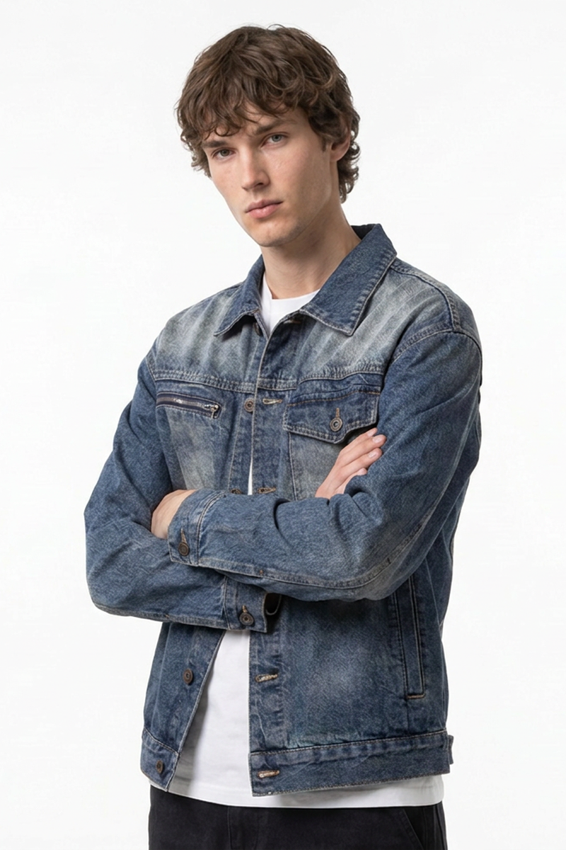 Men's Classic Vintage Asymmetric Pockets Denim Jacket