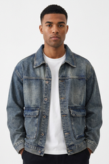 Men's Vintage Washed Relaxed Fit Utility Pocket Denim Jacket