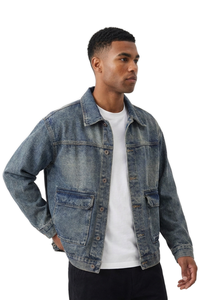 Men's Vintage Washed Relaxed Fit Utility Pocket Denim Jacket