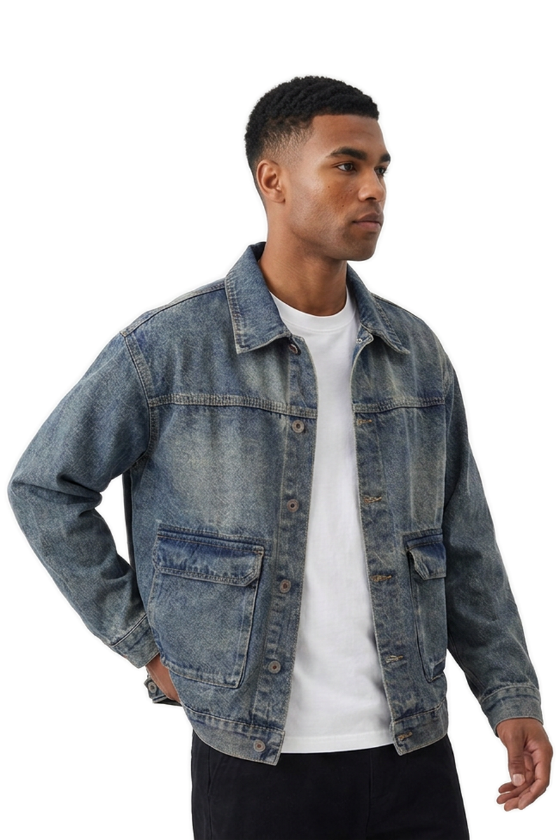 Men's Vintage Washed Relaxed Fit Utility Pocket Denim Jacket