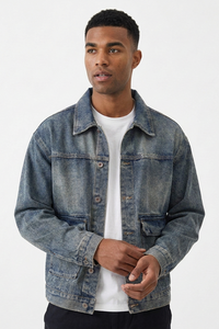 Men's Vintage Washed Relaxed Fit Utility Pocket Denim Jacket