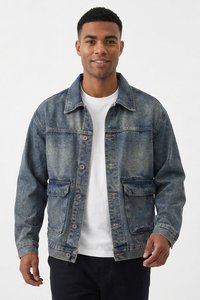 Men's Vintage Washed Relaxed Fit Utility Pocket Denim Jacket
