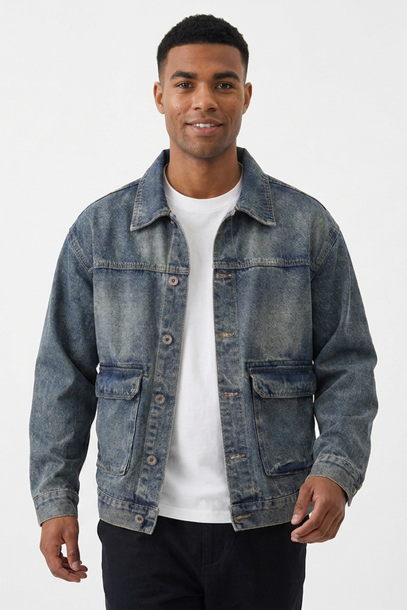 Men's Vintage Washed Relaxed Fit Utility Pocket Denim Jacket