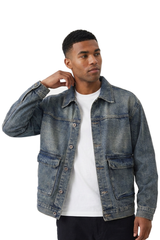 Men's Vintage Washed Relaxed Fit Utility Pocket Denim Jacket
