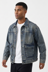 Men's Vintage Washed Relaxed Fit Utility Pocket Denim Jacket