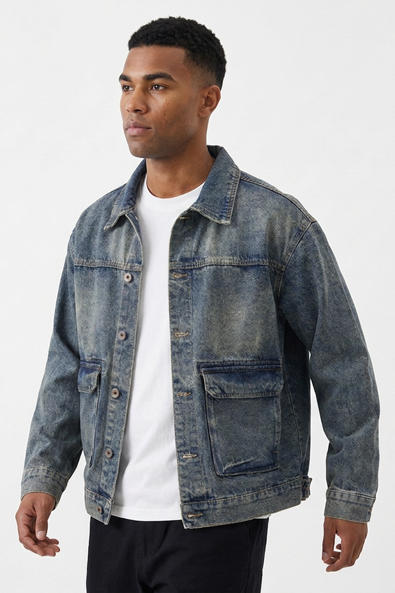 Men's Vintage Washed Relaxed Fit Utility Pocket Denim Jacket