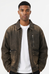 Men's Vintage Washed Zip-Up Loose Fit Utility Denim Jacket