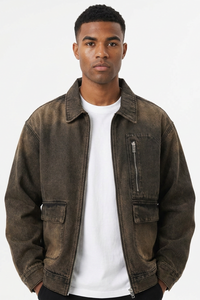 Men's Vintage Washed Zip-Up Loose Fit Utility Denim Jacket