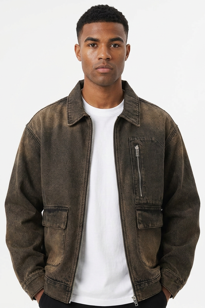 Men's Vintage Washed Zip-Up Loose Fit Utility Denim Jacket