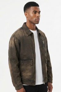 Men's Vintage Washed Zip-Up Loose Fit Utility Denim Jacket