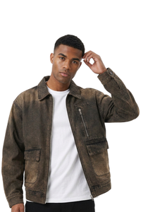 Men's Vintage Washed Zip-Up Loose Fit Utility Denim Jacket