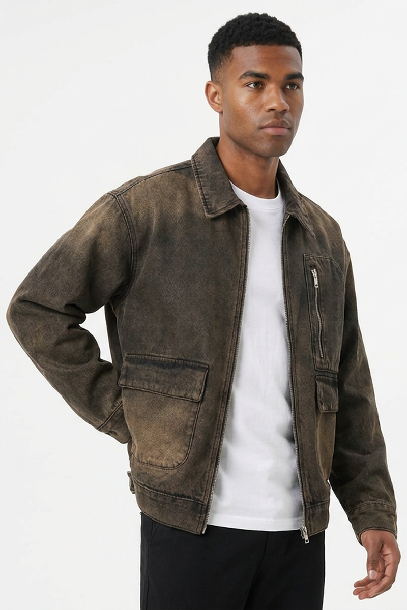 Men's Vintage Washed Zip-Up Loose Fit Utility Denim Jacket