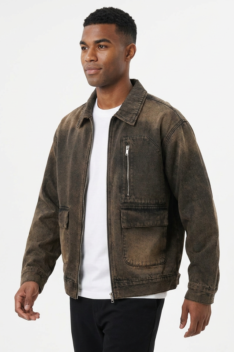 Men's Vintage Washed Zip-Up Loose Fit Utility Denim Jacket