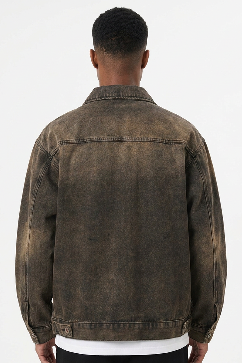 Men's Vintage Washed Zip-Up Loose Fit Utility Denim Jacket