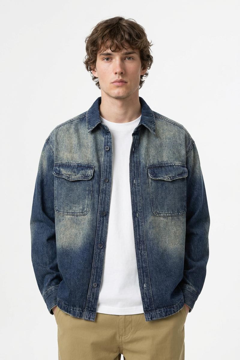 Men's Fall Vintage Washed Color Block Denim Shirt Jacket