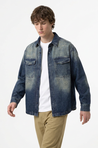 Men's Fall Vintage Washed Color Block Denim Shirt Jacket
