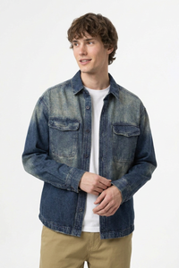 Men's Fall Vintage Washed Color Block Denim Shirt Jacket