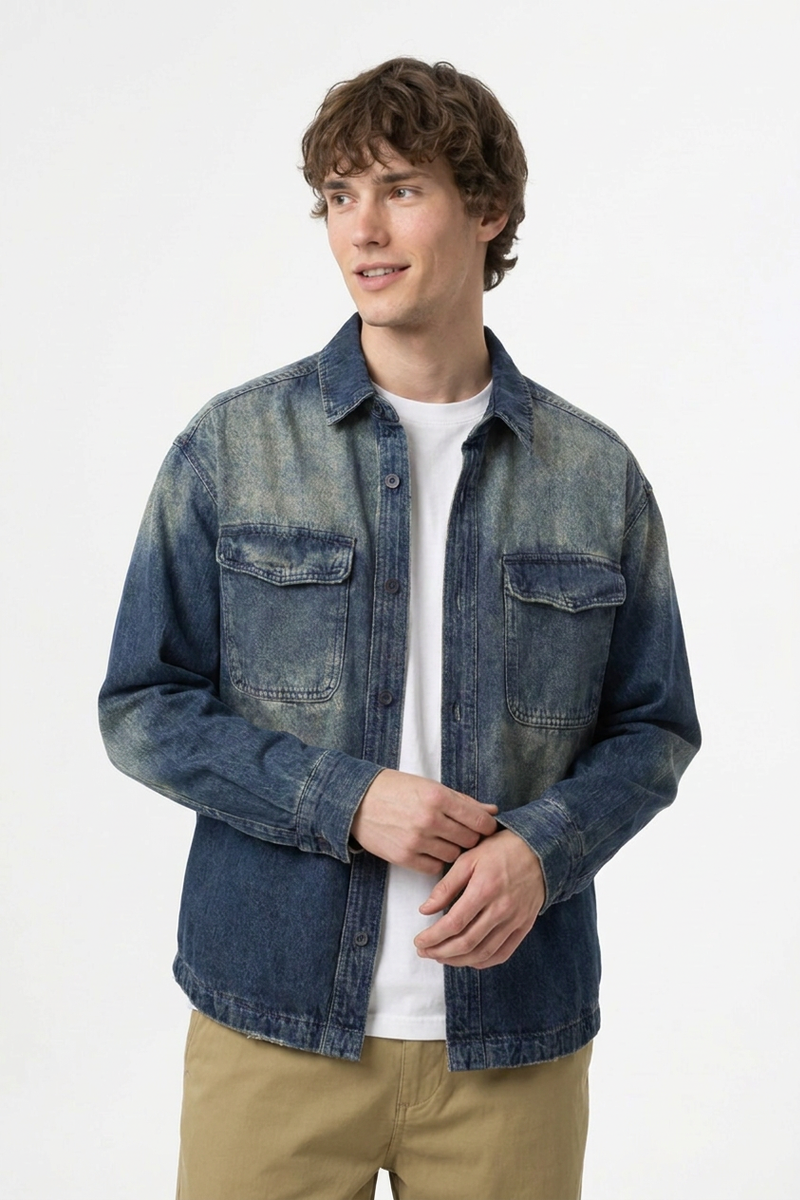 Men's Fall Vintage Washed Color Block Denim Shirt Jacket
