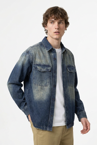 Men's Fall Vintage Washed Color Block Denim Shirt Jacket
