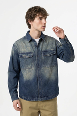 Men's Fall Vintage Washed Color Block Denim Shirt Jacket