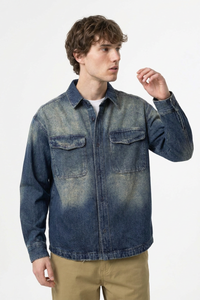Men's Fall Vintage Washed Color Block Denim Shirt Jacket