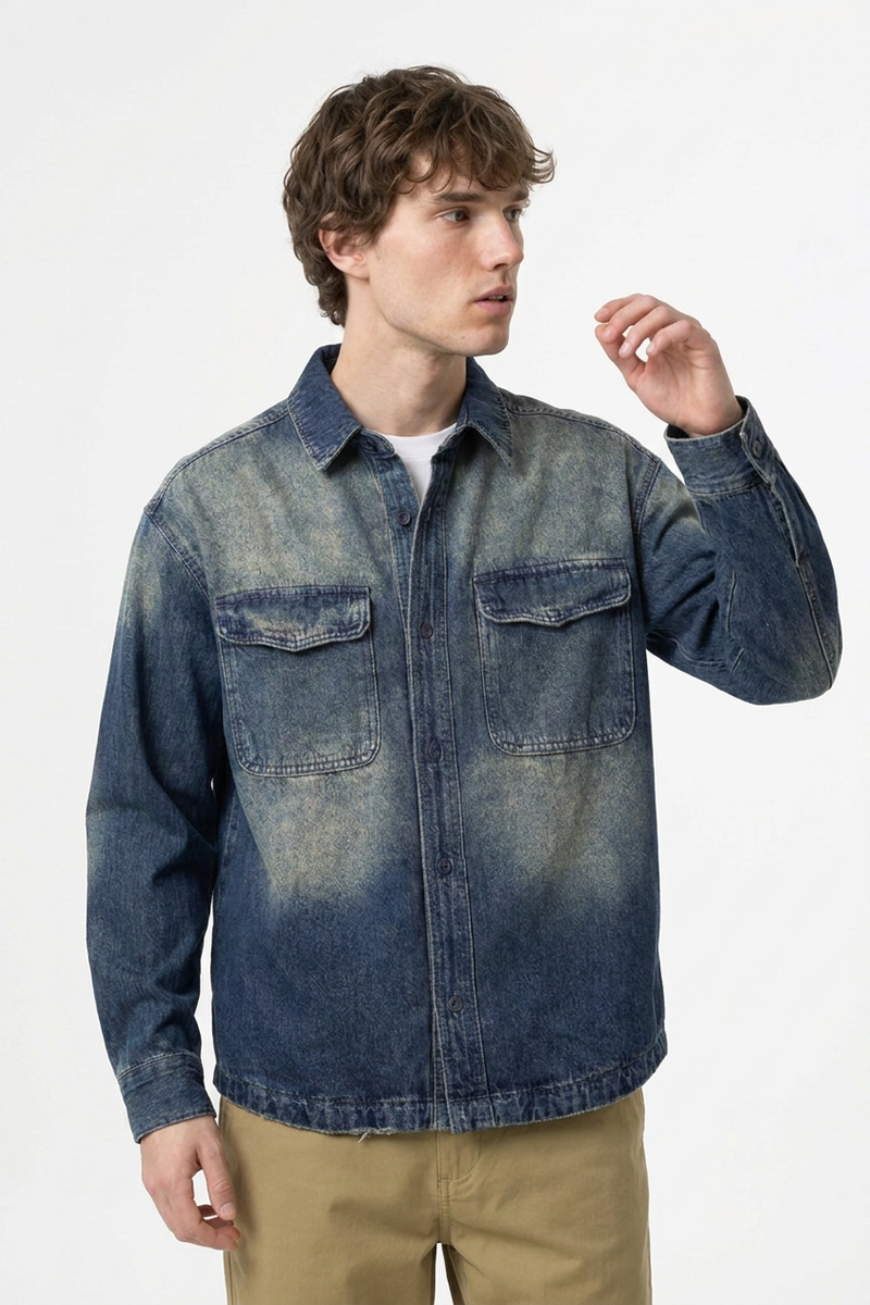 Men's Fall Vintage Washed Color Block Denim Shirt Jacket