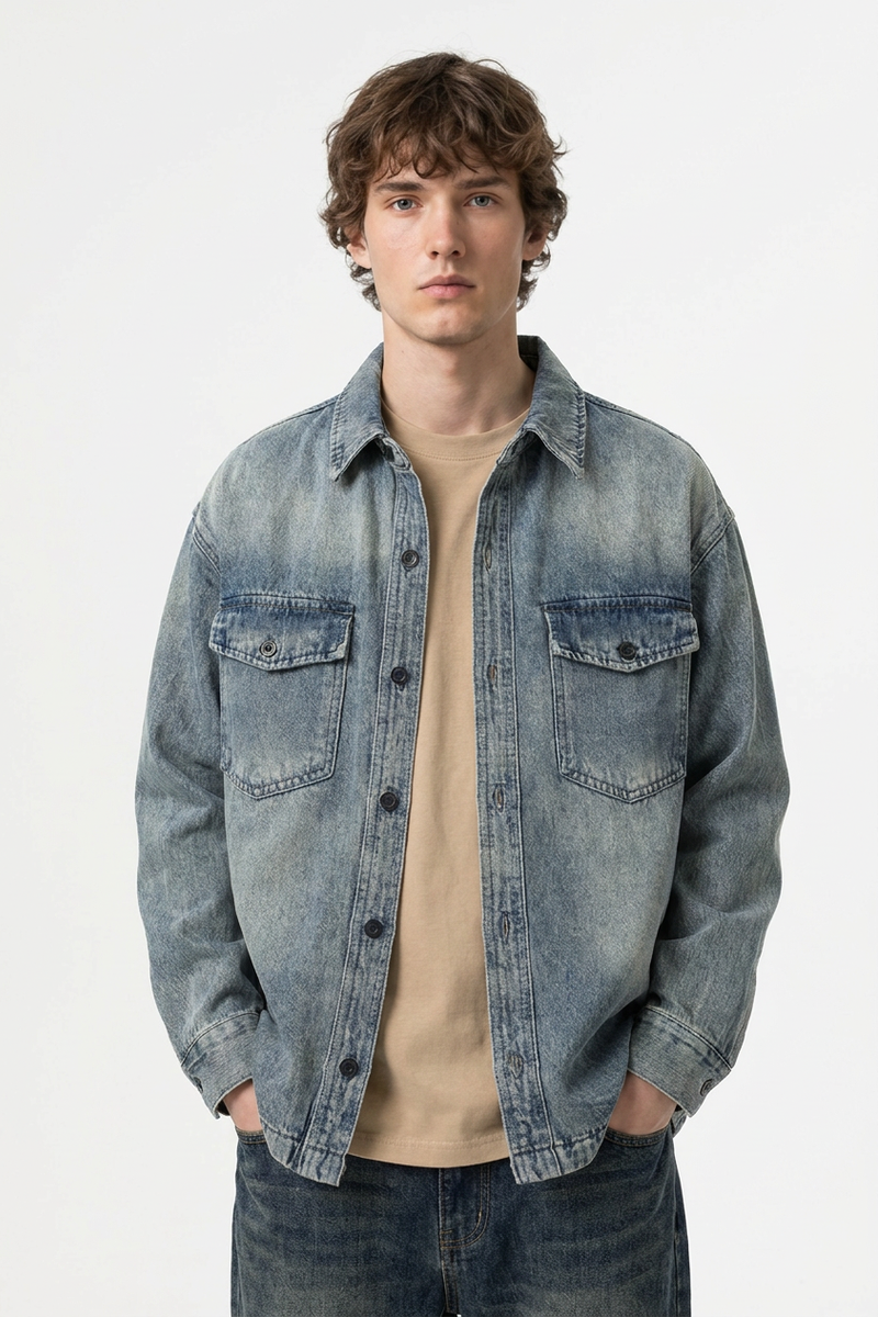 Men's Retro Washed Classic Loungewear Denim Shirt Jacket