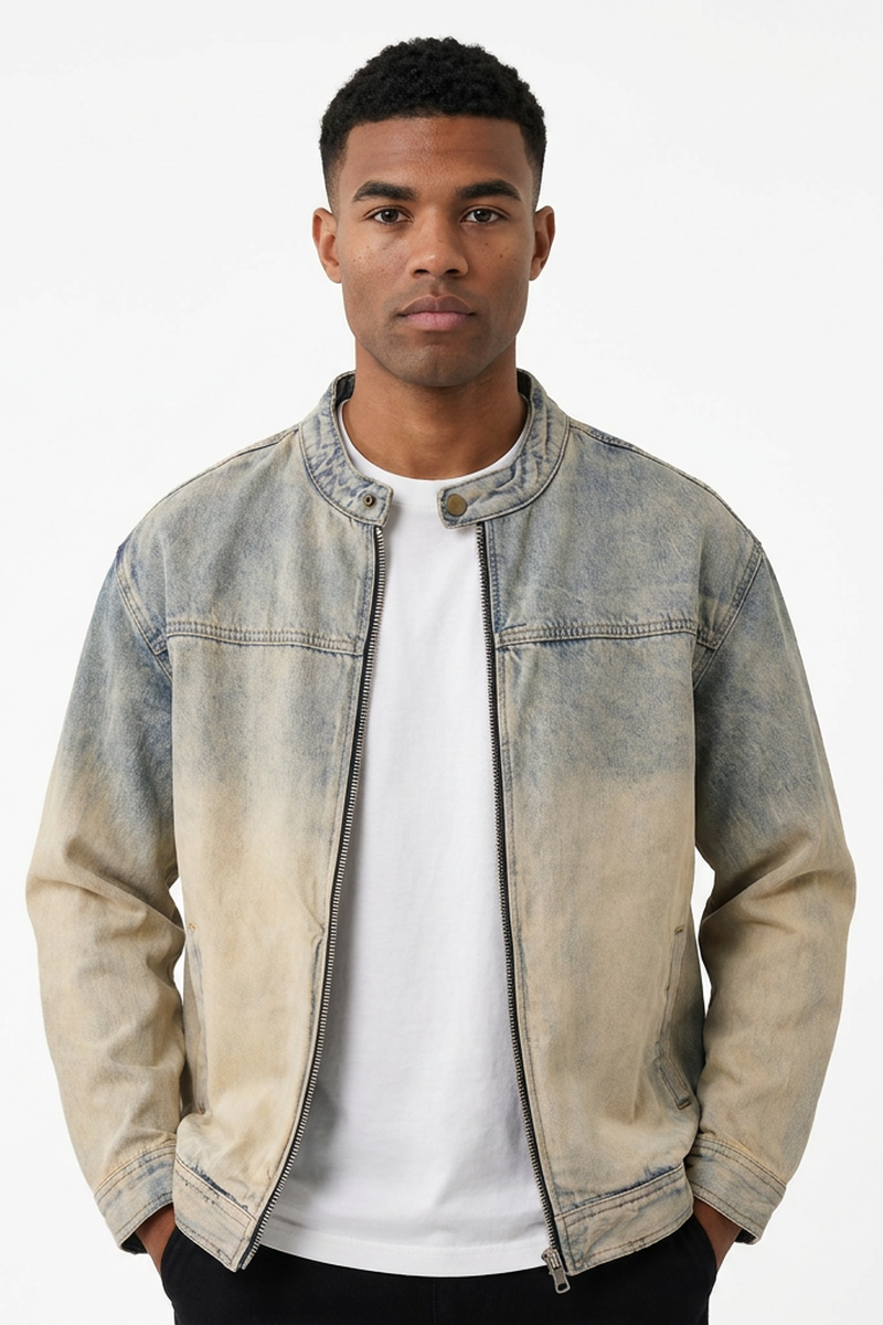 Men's Retro Ombre Faded Zip-Up Casual Denim Jacket