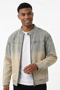 Men's Retro Ombre Faded Zip-Up Casual Denim Jacket