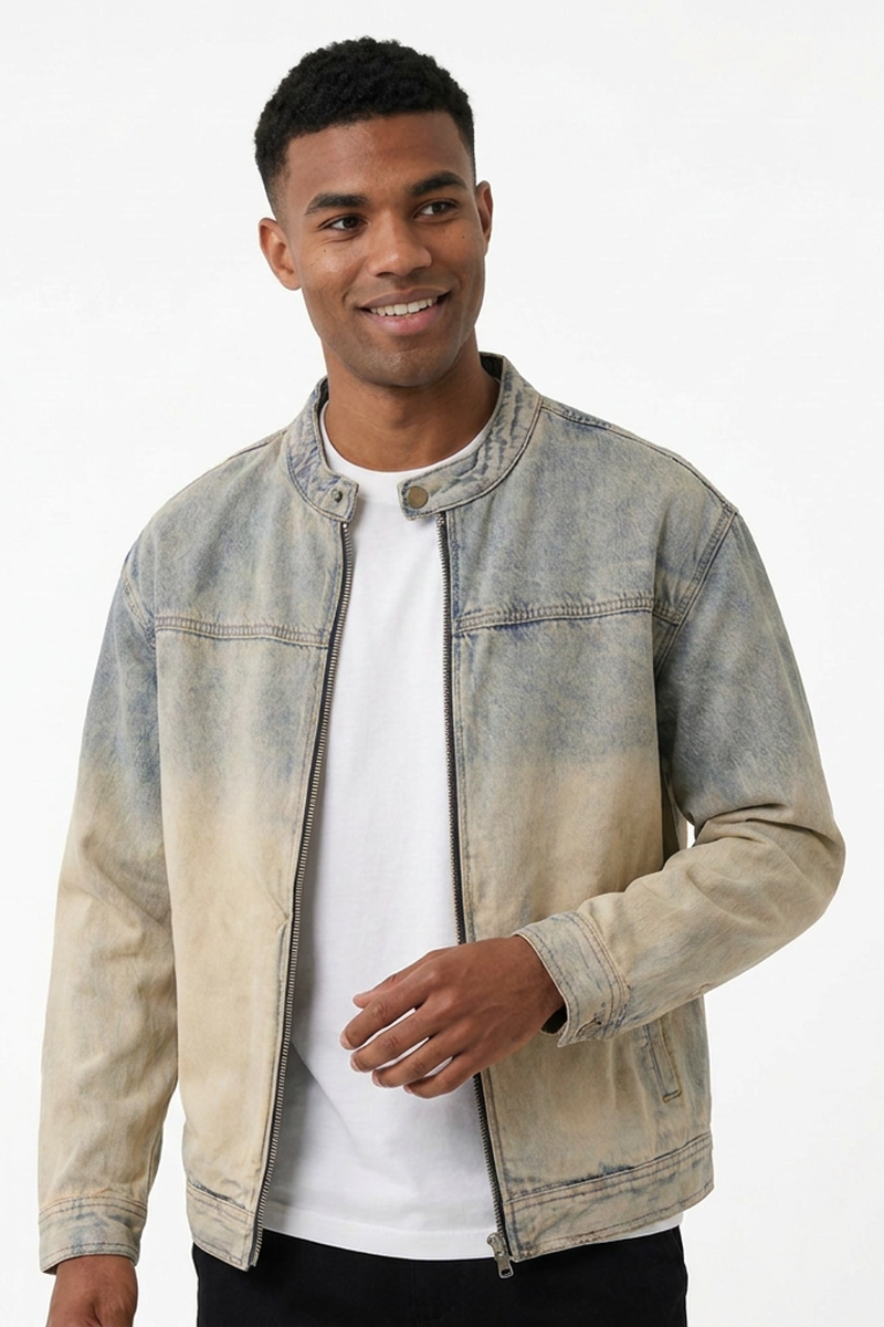 Men's Retro Ombre Faded Zip-Up Casual Denim Jacket