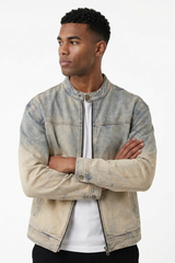 Men's Retro Ombre Faded Zip-Up Casual Denim Jacket