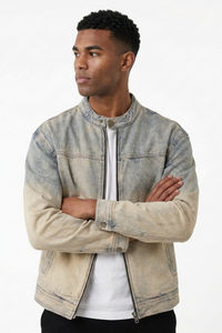 Men's Retro Ombre Faded Zip-Up Casual Denim Jacket