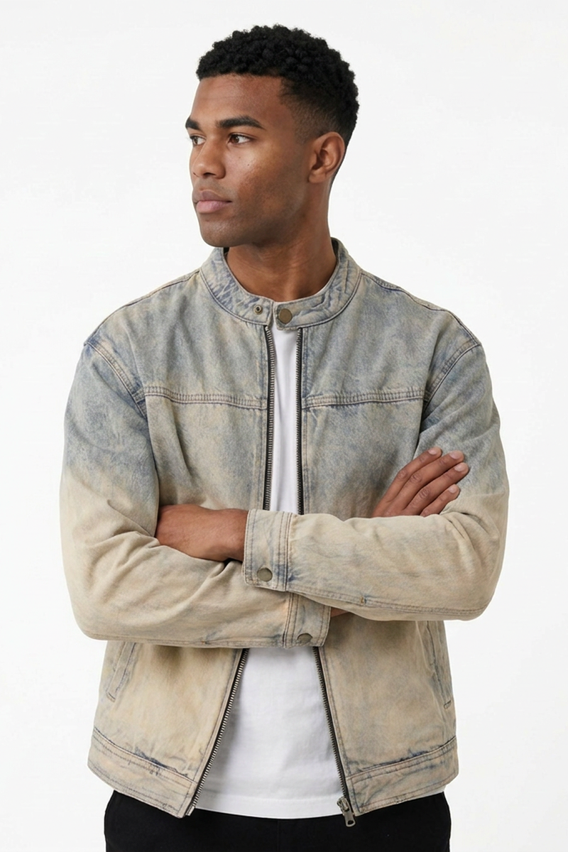 Men's Retro Ombre Faded Zip-Up Casual Denim Jacket