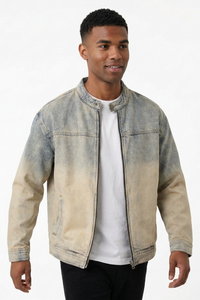 Men's Retro Ombre Faded Zip-Up Casual Denim Jacket