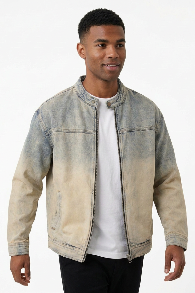 Men's Retro Ombre Faded Zip-Up Casual Denim Jacket
