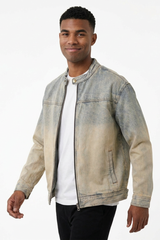 Men's Retro Ombre Faded Zip-Up Casual Denim Jacket